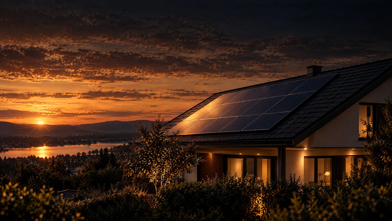 KI-generiertes Bild: Solarmodule auf einem Wohnhausdach unter blauem Himmel